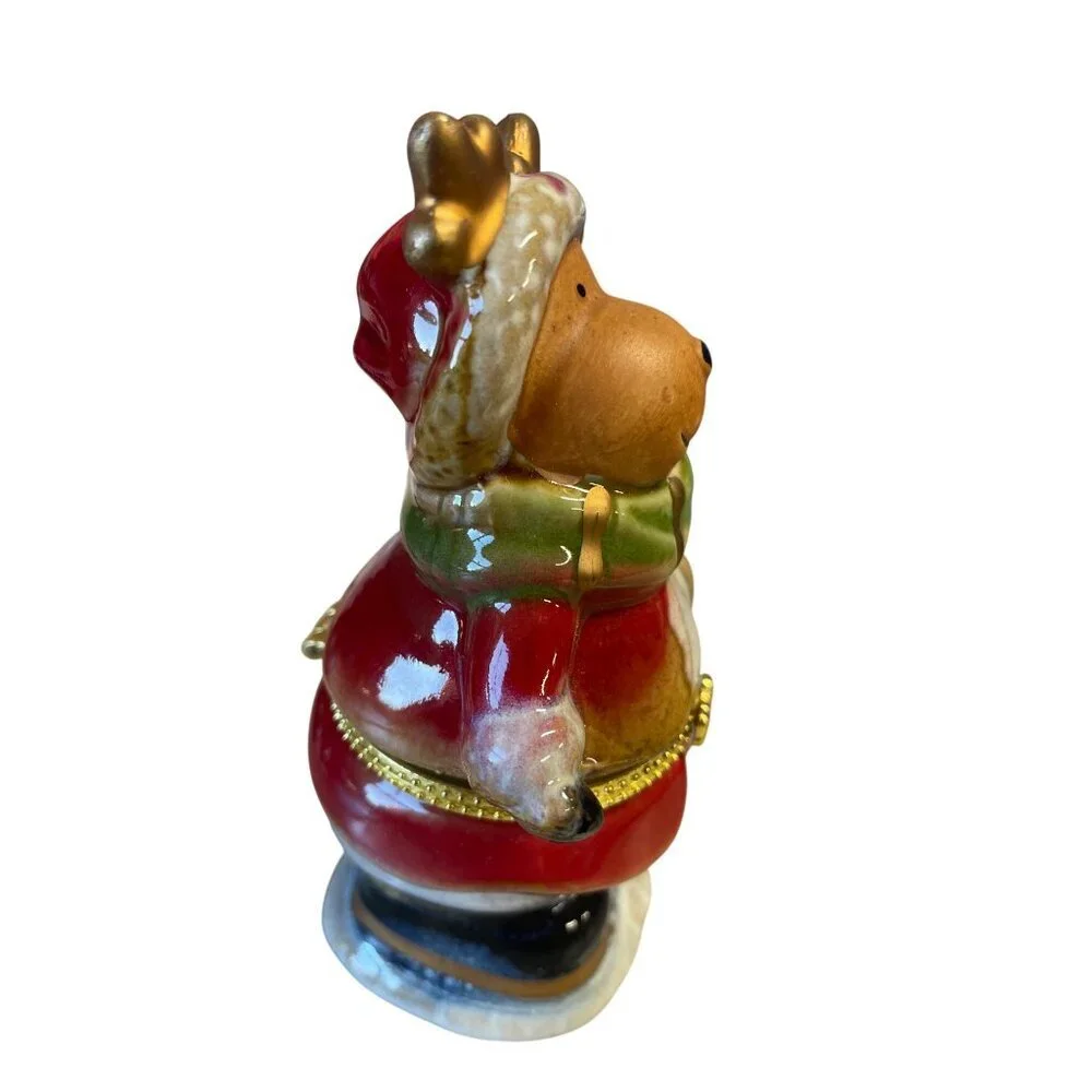 Ceramic Reindeer Winter‎ Themed Trinket Box Hinged Gold Accents 4.5